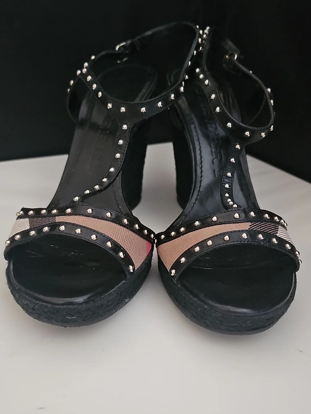 Burberry Check Studded Espadrille Wedge Sandals Black EU 39.5 Leather